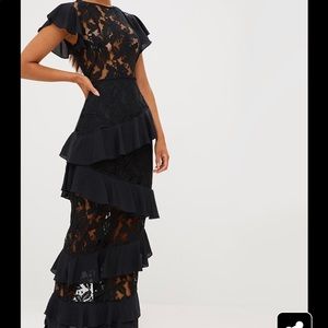 Pretty Little Thing - Black Lace Ruffle Maxi Dress